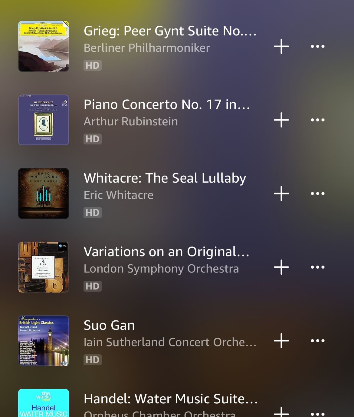An Amazon music playlist featuring classical peace music.